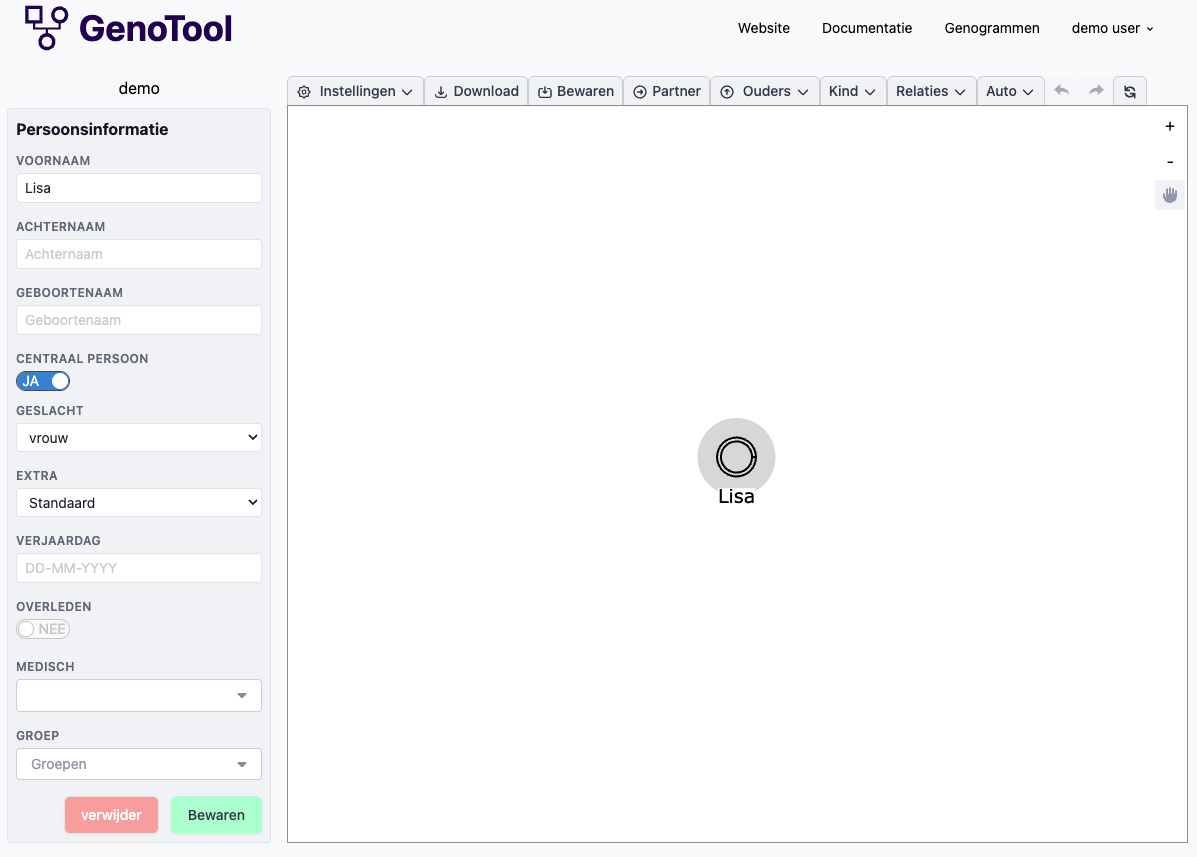 De eerste persoon is ingesteld als Lisa