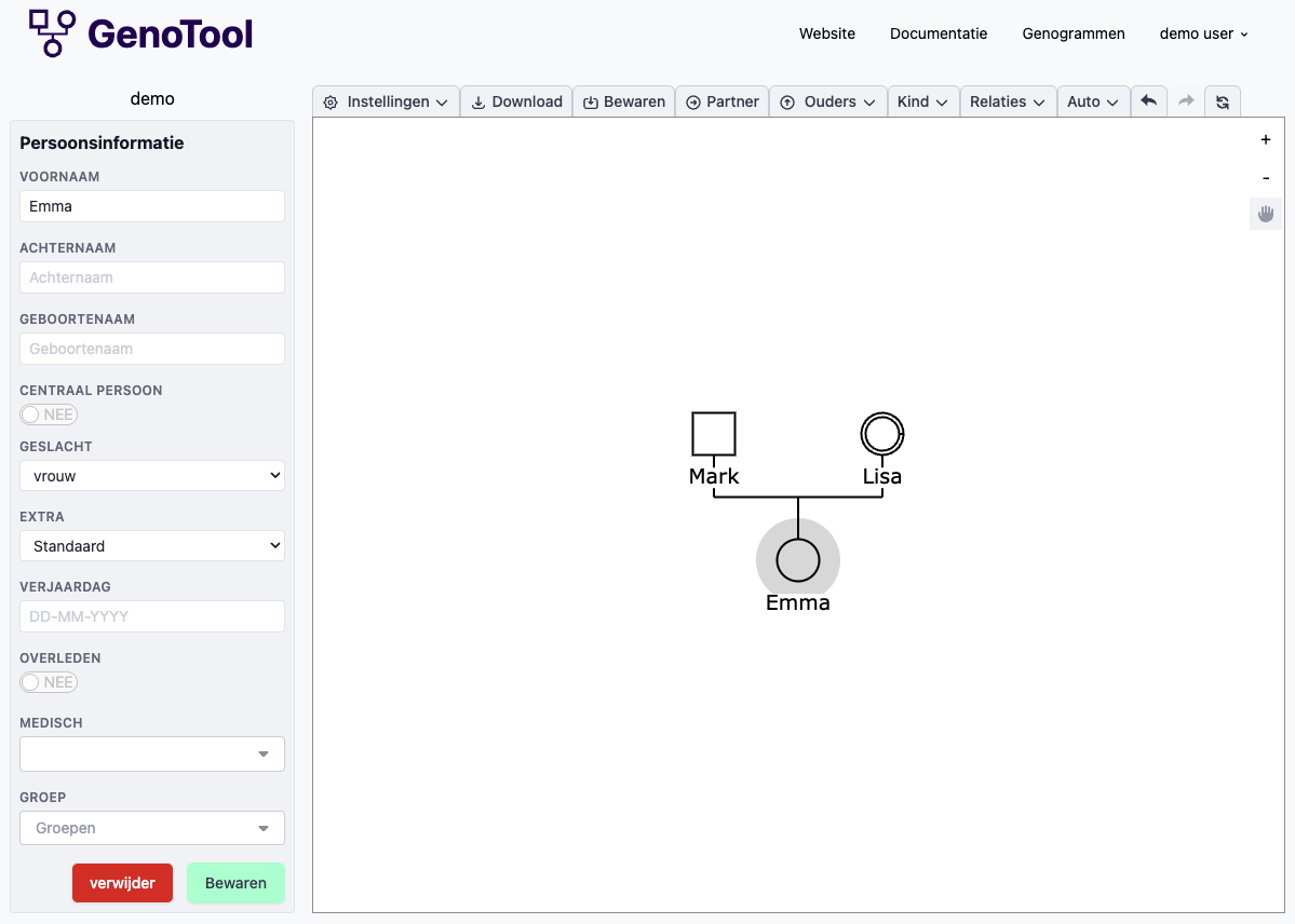 Emma is toegevoegd als kind van Lisa en Mark